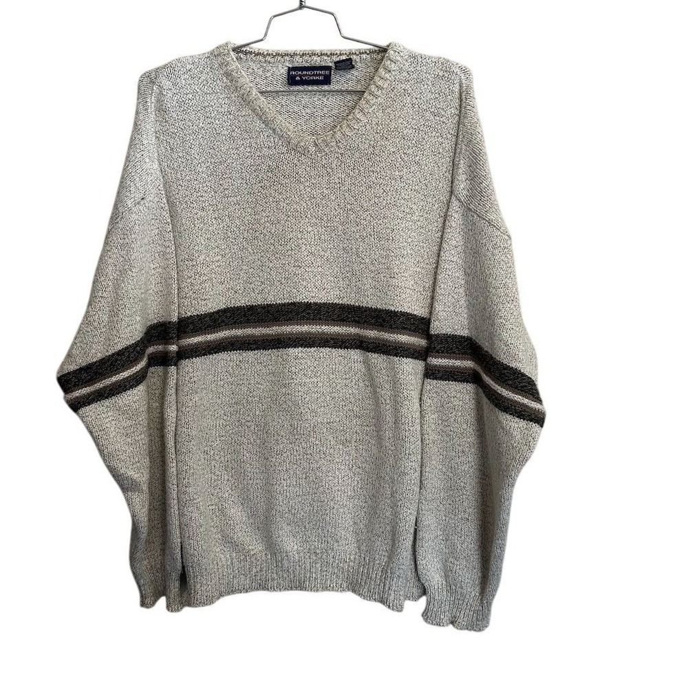Roundtree & Yorke Sweater Mens 2 Extra Large Beige Striped V-Neck Pullover Knit